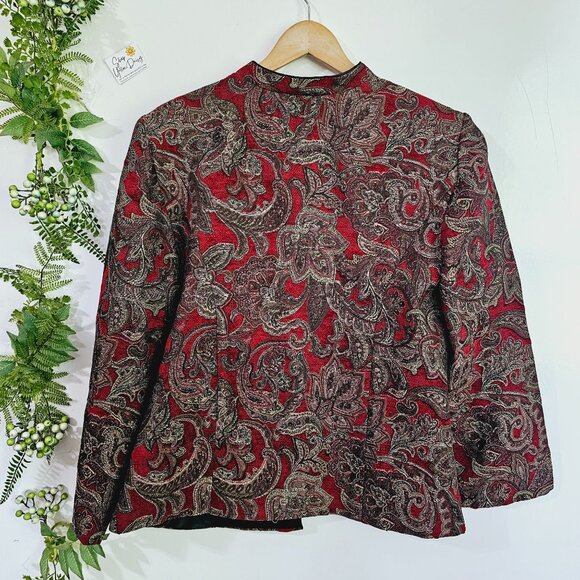 Vintage Paisley Jacquard Tapestry Jacket Womens Large Red‎ & Black Design《938》J - Picture 4 of 4